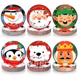 Fourluoo 96 Pcs Christmas Paper Plates Disposable Christmas Dinner Plates Santa Snowman Penguins Pattern for Xmas Birthday Party Decoration Supplies