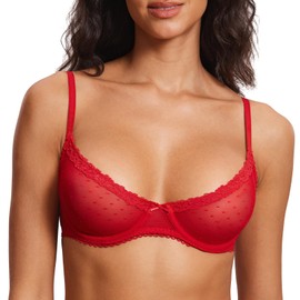 DOBREVA Women's Balconette Lace Bra See Through Demi Sheer Mesh Plus Size Underwire Lipstick Red 34DD