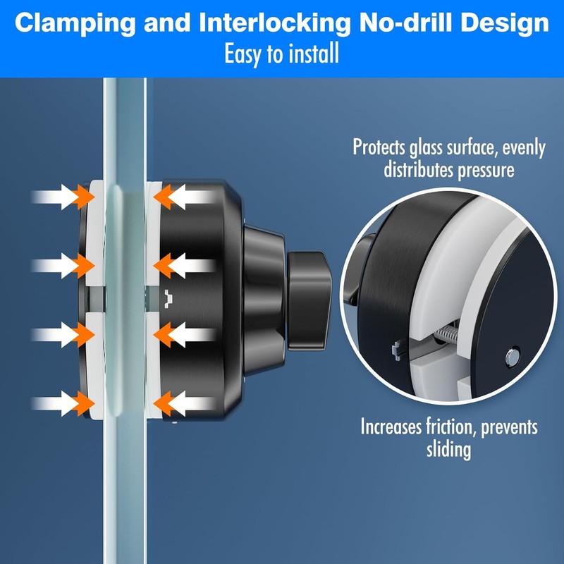 Ranbo Frameless Glass Door Floor Lock, Clamp-On No-Drill, 304 Stainless