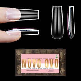 NOVO OVO L Natural Thick Square Nail Tips for Flat Nails, Extra Thick Long False Nails Press on, Full Cover Soft Gel Extension Fake Nail for Acrylic kit, Clear X 15 Sizes 450pcs