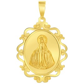 Jewelry America 14k Yellow Gold Elegant Ornate Miraculous Medal of Virgin Mary Pendant (1"), Gold, No Gemstone