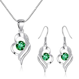 Kamise Women's Jewellery Set, 925 Sterling Silver Earrings & Necklace with Green Cubic Zirconia, Hypoallergenic Heart Silver Chain and Drop Earrings Set for Women, Silver Jewellery Gift for