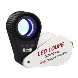 30x Jewelers Loupe Magnifier with UV & LED Lights, 22mm Triplet Lens Rechargeable Jewelers Loupe Foldable Jewelry Magnifier Portable Jewelry Magnifier Inspection Loupe for Gems, Jewelry, Coins, Rocks