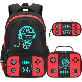 Bevalsa Backpack for School Boys, Cool Luminous Gamer Boys Backpack with Lunch Box & Pencil Pouch Set for Kids Children Teens Elementary Middle Schools, Schoolbag Bookbag Glow In The Dark (Red)