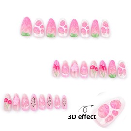 Medium Press on Nails Almond Fake Nails French Tip False Nails Pink Artificial Nails Ombre Stick on Nails with Fruit Designs for Women 24pcs