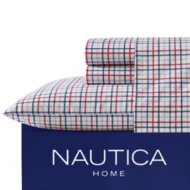 Nautica - Full Sheet Set, Cotton Percale Bedding Set, Crisp & Cool, Lightweight & Breathable (Boating Tattersall Red, Full)