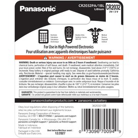 Panasonic CR2032 3.0 Volt Long Lasting Lithium Coin Cell Batteries in Child Resistant, Standards Based Packaging, 1-Battery Pack