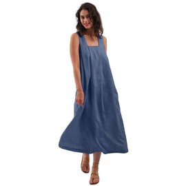 Amazhiyu Women's Pure Linen Summer Sleeveless Strap Midi Dresses with Pockets Navy, Small