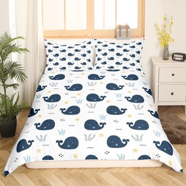 Kawaii Whale Bed Linen 135 x 200 cm Ocean Theme Bedding Duvet Cover Cartoon Marine Animal Duvet Cover Cute Large Fish Bedding Set Cute Stars Algae Bedding Set for Children Boys Girls