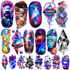 77 Sheets Temporary Tattoo, 17 Sheets Space Planet Astronaut Rockets Half Sleeve Fake Tattoos for Adults Men Women, 60 Sheets Small Tattoos Stickers Waterproof Lasting for Boys Girls Party Supplies