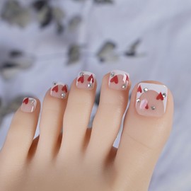 24Pcs Heart Press on Toenails Short Square French Tip Fake Toe Nails with Diamond Valentine's Day False Toe Nails Love Hearts Glue on Nails Valentines Acrylic Nails for Women Girls Nails Supplies