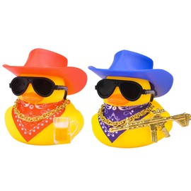 MuMyer Rubber Duck Car Ornaments, 2 Pcs Funny Yellow Duck Car Dashboard Decorations Accessories with Cowboy Hat Mini Scarf Necklace and Sunglasses for Desk Office Decor(1.9 inch)