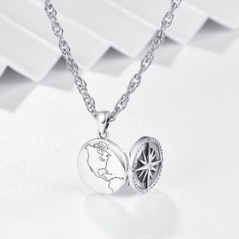 KINGWHYTE Sterling Silver Locket Necklace Compass Photo Locket Memory Pendant Necklace for Women Men With Stainless Steel Chain 50cm