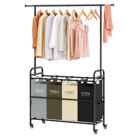Tajsoon Laundry Sorter Cart with Hanging Clothes Rack, 4 Butler Sorter Basket Organizer, Laundry Hamper Cart with Heavy Duty Rolling Lockable Wheels, 4 Colors