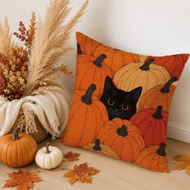 Black Cat Pumpkin Pillow Cover 18x18 Inch, Vintage Halloween Throw Pillowcase, Spooky Fall Decor for Couch Sofa Bed, Gifts for Cat Lovers and Women