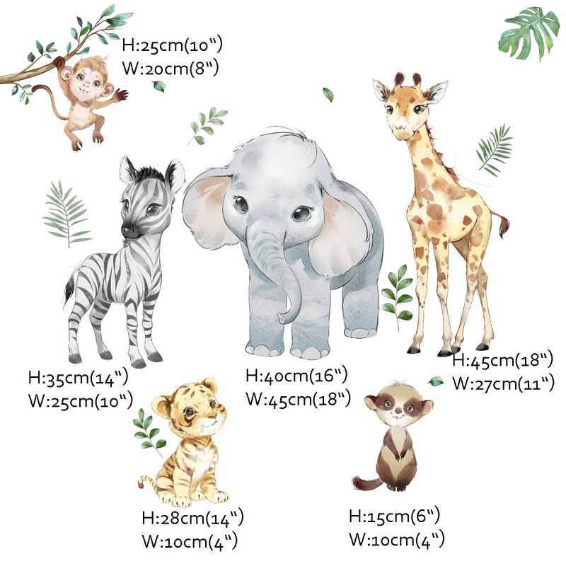 Runtoo Safari Animals Wall Decals Elephant Giraffe Monkey Jungle Wall