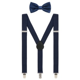 Grade Code Mens Suspenders and Bow Tie Set Adjustable Elastic Clip On Suspenders for Wedding, Navy Blue, Suspender and Bowtie Set