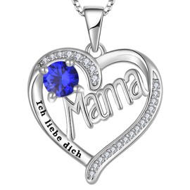 YL Mama Necklace 925 Sterling Silver Engraving I Love You Cut 12 Birthstones Zirconia Mum Pendant for Women, Silver, Sapphire
