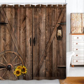 MDUKOIN Rustic Barn Door Shower Curtains,Brown Wooden Bath Curtain,Farmhouse Vintage Country Bathroom Decor,Wood Board Sunflower Shower Curtain Set with Hooks 72X72in