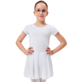 tanzmuster Ballet Dress Girls Short Sleeve – Lucy – Size 92-170 – Soft Cotton – Chiffon Skirt – Ballet Jersey for Children, White