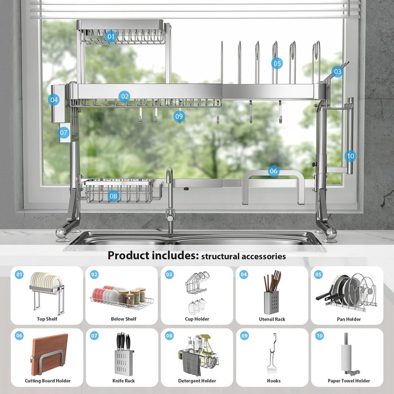 Upgrade 3 Tier Over Sink Dish Drying Rack Adjustable Width