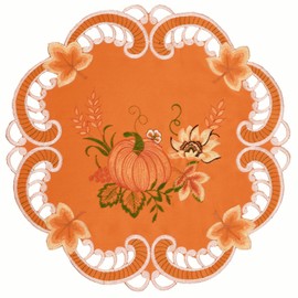 Simhomsen Embroidered Pumpkins Orange Round Doily Placemats for Fall, Autumn and Thanksgiving (Round 15 Inches (Set of 4))