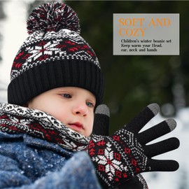 Kids Winter Knit Beanie Hat Scarf Gloves Set for Toddler Girls Boys with Pompom,Child Fleece Lining Hat Scarf Gloves