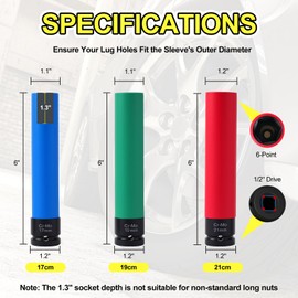 1/2" Drive Impact Lug Nut Socket Set, 3PC (17/19/21mm) Extra Long 6" Non-Marring Thin Wall Wheel Nut Sockets - Metric Deep Sockets for Safe Tire & Rim Protection