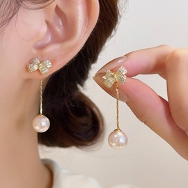 Eviarli Boho Pearl Drop Jacket Earrings Crystal Bow Earrings Pearl Dangle Earrings Vintage Pearl Bead Earrings Bow Pearl Earrings Jewelry for Women and Teen