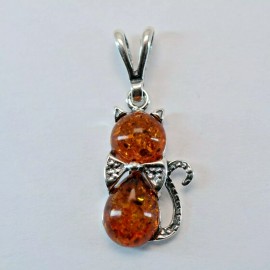 Amber America Natural, Cognac Brown BALTIC AMBER Cat / Kitty Pendant 925 STERLING SILVER #4314