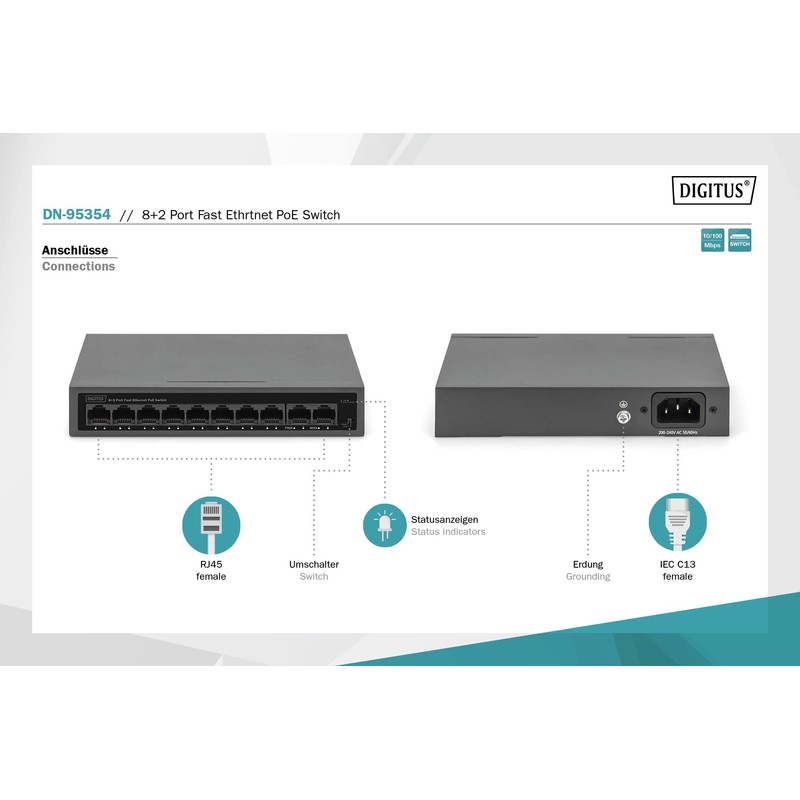 DIGITUS PoE Network Switch - 10 Port - Fast Ethernet
