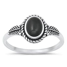 CloseoutWarehouse Onyx Simulated Opal Oval with Feather Ring Sterling Silver Size 6