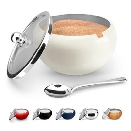 KooK Stainless Steel Sugar Bowl with Lid and Spoon, Serving Dish, Clear Glass Lid, Storage for Salt, Candy, Coffee, Holds 2 Cups, Dishwasher Safe, 16 oz Vintage White Glossy