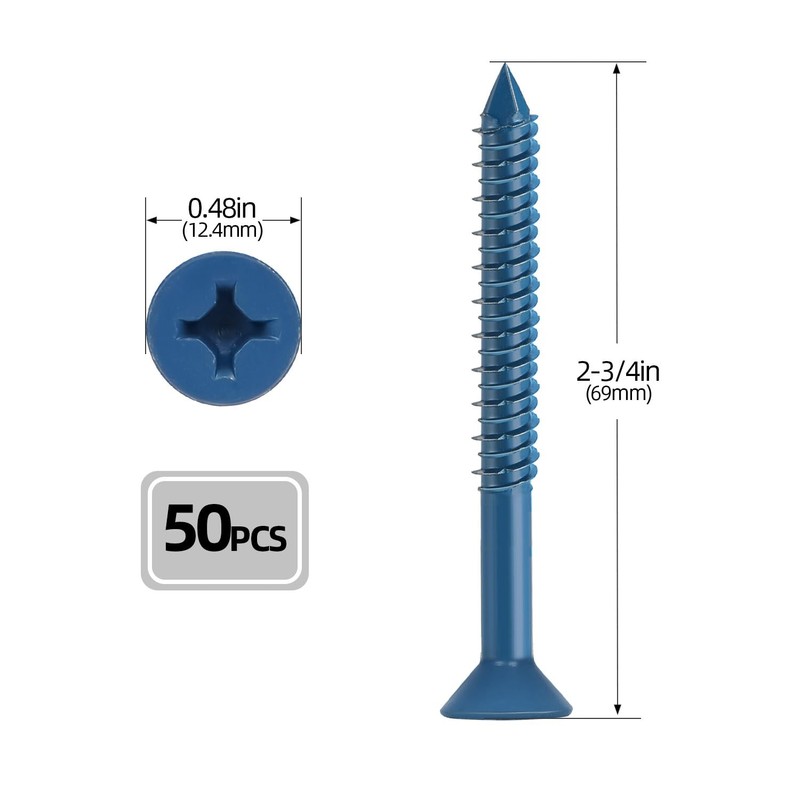 1/4" x 2-3/4" Concrete Screws, 50 PCS Blue Flat Head