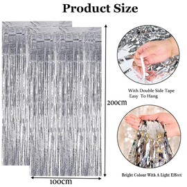 2pcs 3.2ft x 6.5ft Silver Metallic Tinsel Curtains Foil Curtain Decorations Foil Fringe Curtain Door Curtains Hanging Streamers for Party Supplies (Silver)