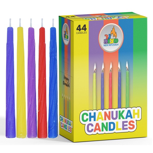Colorful Chanukah Candles - Standard Size Hanukkah Candles - Premium Quality Wax - Assorted Colors - 44 Count for All 8 Nights of Hanukkah - by Ner Mitzvah