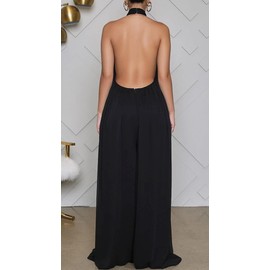 loveimgs Women's Summer Halter Neck Backless Wide Legs Loose Fit Sleeveless Boho Chiffon Overalls Jumpsuits (Black, Large)