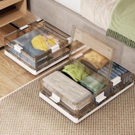 Kitstorack Plastic Under Bed Storage Containers, Underbed Storage with Wheels Foldable and Stackable Under Bed Organizer Moisture and Dust-proof Storage Boxes for Clothes Shoes Toys, 11 Gal - 1 Pack