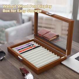 Pen Display Box, Elegant Walnut Fountain Pen Storage Case, 12 Slot Display, Smooth Woodgrain, Glass Cover, Smooth Metal Hinges Pen Display Case Ideal for Collectors