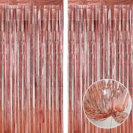 Yowlens 2pcs 3.2ft x 6.5ft Rose Gold Metallic Tinsel Curtains Foil Curtain Decorations Foil Fringe Curtain Door Curtains Hanging Streamers for Party Supplies (Rose Gold)