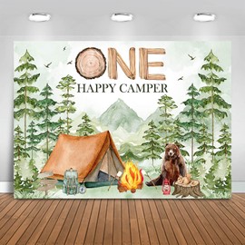 Fitumiw One Happy Camper Backdrop 8x6ft Forest Camping Boys' 1st Birthday Background Party Decorations Boy's Adventure Happy Camper First Birthday Banner Photo Booth Props