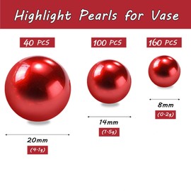 Cusmation 300 PCS Round No Hole Red Pearl Beads and 800PCS Water Beads Clear, Red Pearl Beads Red Vase Filler Pearl Beads for Vases Filler Floating Vase Fillers Home Wedding Decoration 8/14/20 mm