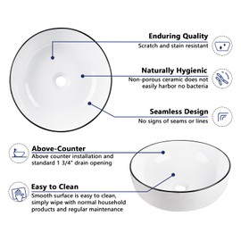 DeerValley 16'' Round Vessel Sink, Bathroom Sinks Above Counter White Ceramic Bathroom Vessel Sinks, Porcelain Sink Bowl for Bathroom, White Body with Black Trim Vanity Sink Basin DV-1V0030