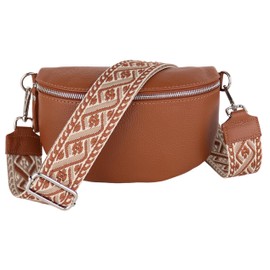 MIRROSI® Women's Bum Bag, Genuine Leather, Made in Italy, Shoulder Bag, Chest Bag, Crossbody Bag (1 Bag & 2 Straps), Brown (chain)