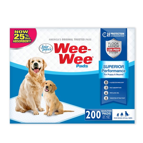 Four Paws Wee-Wee Superior Performance Pee Pads for Dogs - Dog & Puppy Pads for Potty Training - Dog Housebreaking & Puppy Supplies - 22" x 23" (200 Count)
