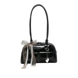 QWINEE Women's Y2K Leopard Print Bow Lace Shoulder Bag Zipper Double Handle Underarm Purse Retro Trendy Purses Black One-Size