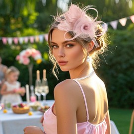 KYTRSTX Fascinators Hat Tea Party Headwear Ribbons Feathers on a Headband and a Clip for Girls and Women Pink Hat Tea party Derby Pink Fascinator for Women 2025