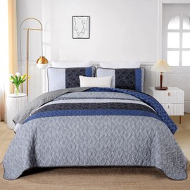 Cottolester Queen Quilt Set 3 Pieces,Gray and Blue Striped Quilt Set,Boho Farmhouse Bedspread Soft Microfiber Bedding Set for All Season 96"x90"