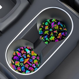 Neidius Bright Psychedelic Mushroom Car Cup Holder Coasters,Neon Magic Mushroom Car Cup Coasters Absorbent for Drinks with Cork Base Anti-Slip Universal Ceramic Insert Auto Interior Accessories 2Pcs