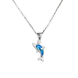Luck Trader Sterling Silver Blue Opal Dolphin Pendant Necklace, 925 Stamped